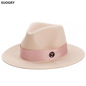 Elegant Winter Womens M letter Wool Jazz Fedora Hat Pink Hat For Women ladies large Brim Cowboy Panama Fedoras Hat CX200819
