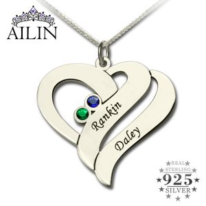 Wholesale Two Name Hearts Necklace Engraved Initial Hearts Mother Pendant with Birthstone Silver Dainty Mother Necklace