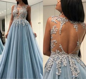 Ice Blue Sheer Keyhole Evening Dresses Lace Appliques Backless Beads Sequins Pleats Formal Dresses Evening Wear Gowns Prom Dress Robes