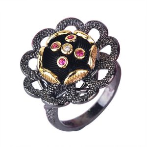 Italienska Smycken Vintage Gothic Sterling Silver Ringar För Kvinnor Elegant Blomma Svart Guld Finger Ringar Bröllop Band Smycken