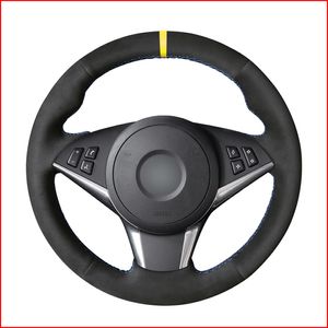 Рулевое управление Black Suede Желтый маркер колеса автомобиля Обложка для BMW E60 530d 545i 550i E61 2005-2009 / E63 E64 630i 645Ci 650i 2004-2009