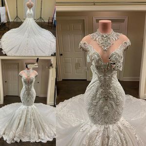 Luxury Crystal Mermaid Wedding Dresses 2021 High Neck Lace Applique Beaded Bridal Gowns Custom Made robes de mariée