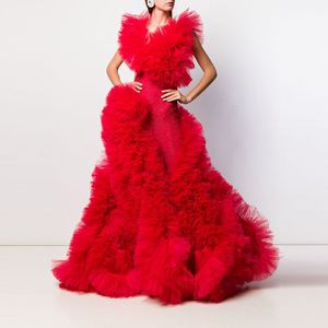 세련된 패션 양재 밝은 빨간색 댄스 파티 드레스 2020 여성 뻗 푹신한 얇은 명주 그물 이브닝 정장 드레스 연예인 선발 대회 파티 드레스 가운