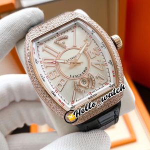 Neue Vanguard Crazy Hours V45 Automatik Herrenuhr Roségold Diamant Lünette Weißes Zifferblatt Schwarzes Leder Kautschukarmband Uhren Hello_watch 6 Farben