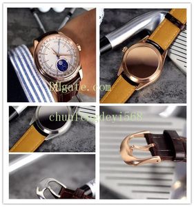 Luksusowy Zegarek 39mm Brązowy Skórzany Pasek White Dial MoonPhase 50535 18K Rose Gold Małty Mechaniczne Automatyczne Moda Męskie Zegarki