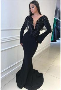 Tassel Beaded Black Mermaid Prom Dresses Long Sleeve V Neck Satin Evening Gowns Crystal Sweep Train Luxury Formal Dress