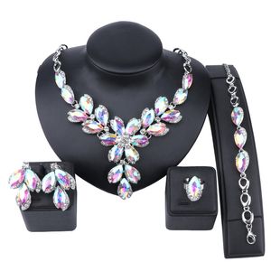 Fashion AB Gem Crystal Choker Necklace For Woman Statement Necklaces Earring Bracelet Ring Collar Boho Jewelry Sets