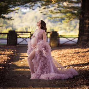 Dusty Różowy Plus Size Prom Sukienki Szaty Pełne Rękawy Ruffles Maternity Photoshoot Suknia Wieczorowa Patrz Thro Kobieta W ciąży Formalna Vestido