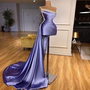 Asymmetrical Short Prom Dresses One Shoulder robe de soiree Major Beadings Sequins Satin Mermaid Evening Dress Cheap Party Gowns Sleeveless