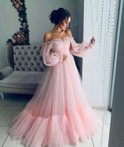 Blush Pink Tulle Evening Dresses Off Shoulder A-Line Long Sleeves Sweetheart Neck Long Maternity Evening Gown for Pregnant Woman