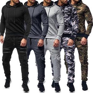 Men Sport Sport Terne Zip Up Jaqueta com capuz Sweatshirt+Pant Running Jogger Casual Exercício Treino Equipamento Conjunto de esportes ativos #c