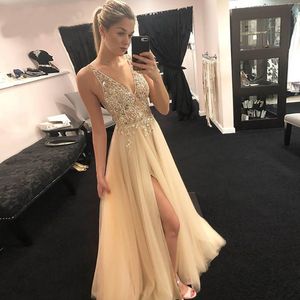 Champagne V Evening Dress Bead A line Tulle Evening Gown Long Slit Prom Special Occasion Dress Train Robe De Soire