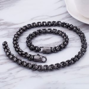 Punk Long Matte Skull Necklace & Bracelets For Men Stainless Steel Brushed Skull Charm Link Chain Male Gothic Jewelry