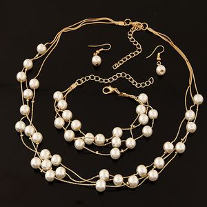 Zestaw biżuterii ślubnej 3 sztuk / zestaw Pearl Wielowarstwowy Naszyjnik Kolczyki Bransoletka Zroszony Choker Naszyjnik Zestawy Biżuterii Bridal Dla Kobiet Ślub