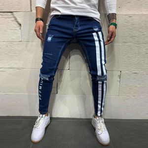 Mens Jeans Trendiga män Skinny Biker förstörde Frayed Fit Denim Ripped Pants Side Stripe Pencil Hip Hop Streetwear