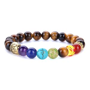Wholesale tiger eye beads resale online - 8mm Chakra Natural stone Buddha head strand bracelet tiger eye turquoise beads bracelets for women mens fashion jewelry will and sandy gift