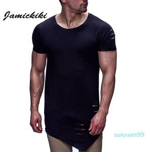 Sıcak Satış Erkek Hip Hop Giyim Streetwear Erkek Yırtık Delik Tasarım T -Shirt Yüksek Street Yaz O-Neck Slim Fit Tees Artı Boyutu XXXL Tops