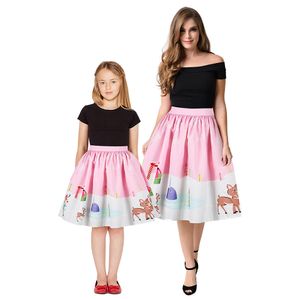 2020 유럽과 미국의 인기있는 크리스마스 디지털 인쇄 어머니와 딸 주름 치마 느슨한 패션 스커트
