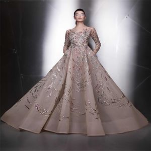 Luxury Ziad Nakad Evening Dresses Illusion Long Sleeves Bling Crystal Sequins Ruched Tulle Formal Party Gowns Custom Made Prom Dress