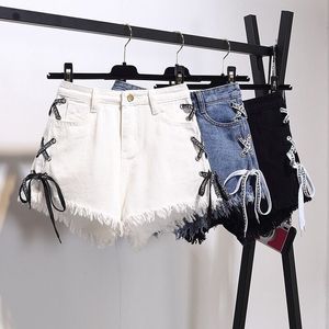 E-Baihui 2022 Ny stil Plus Size Shorts Jeans, Raw Edge Straps High Waist Denim Shorts, Kvinnors sommar Lösa tunna bredbenbyxor 949