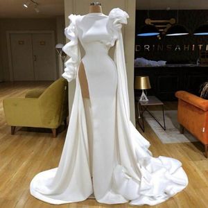 Arabian Long Sleeve Prom Dresses High Slit Satin Sweep Train Elegant Evening Gowns Custom Made Vestidos Longo