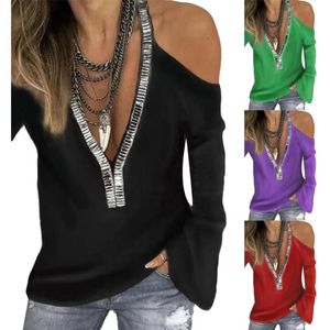 Women's T-Shirt Sexy Sequins V Neck Cold Shoulder Long Sleeve Women Solid Color Top Plus Size Decor Womens