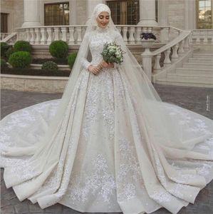 Luksusowe Muzułmańskie Suknie Ślubne Wysokiej Neck Koronki Długie Rękawy Cekiny Koraliki Appliqued Suknia ślubna z Veil Custom Made Vestidos de Novia