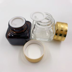 15G Amber Glass Empty Refillable Square Cosmetic Jars Empty Face Cream Lotion Lip Balm Storage Container Cream Jar Pot Bottle with Gold Lids