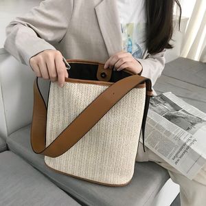 Designer- Casual rattan buckets bag for women bohemian wicker woven shoulder bags lady handbag large capacity totes summer beach big purse