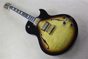 Fabrika Özel Hollow Tütün Sunburst Elektro Gitar ile altın donanım, beyaz ciltleme, alev akçaağaç kaplama, özelleştirilebilir