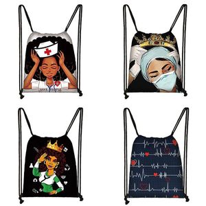 Lady Drawstring Backpack Nurse Printed Afro Ladies Cartoon Shoulder Backpacks Polyester Drawstring Bag Teens Character Schoolbag