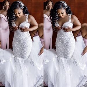 New Arrival African White African Lace Plus Size Mermaid Wedding Dresses Appliques Spaghetti Straps Wedding Dress Bridal Gowns vestidos