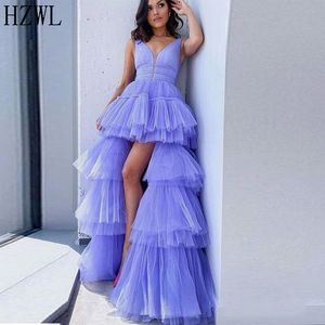 Abiti da ballo in tulle a strati con spacco color lavanda con scollo a V Matrimoni africani Ricevimenti Abiti da sera formali High-Lo per abiti da festa