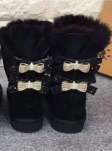 Australia Classic single double diamond Snow boots female winter leather bow rhinestone crown warm thick Cotton boot shoes