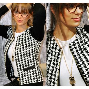 Basic Jackets Black and White Grid Kvinna Jacka Elgant Houndstooth Slim Jacka Kläder LJ200813