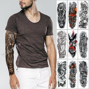 Große Armhülse Tattoo Skizze Löwe Tiger Wasserdicht Temporäre Tätowierung Aufkleber Wild Fierce Tier Männer Voller Vogel Totem Tatto T200730