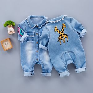 Wiosna berbeć maluch z długim rękawem Lapel Collar Denim Jeans Żyrafa Rainbow Pattern Pajacyki Dzieci Duszkie Kombinezony Roupas De Bebe Ly083