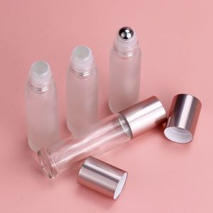 Leere Roll-on-Parfümflasche aus Glas, 5 ml, 10 ml, durchsichtige, mattierte, rosafarbene Flaschen für ätherische Öle mit Metallkugel und rosafarbener Kappe, Kosmetikverpackung