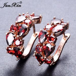 JUNXIN Luxe Vrouwelijke Grote Oorringen Rose Gold Filled Rood Wit Zirkoon Oorbellen Mode-sieraden Bruiloft Voor Vrouwen