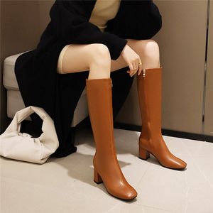 Ymechic 2020 Fashion Square Skin Toe Sirew Black Black Dower Women Boots Block High Heels Knight Long Riding Boots Женские туфли 43 42