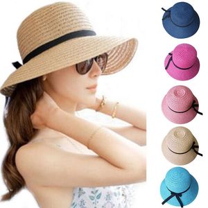 Stingy Brim Hats Summer Beach Straw Hat Women Female Casual Panama Lady Brand Flat Bowknot Cap Girls Sun