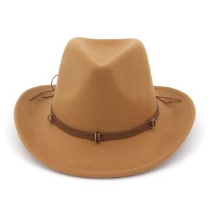 Mężczyźni Kobiety Moda Wełna Felk Fedora Hat Western CowBoy Cowgirl Cap Kapelusz Jazz Kapelusz Słońca Sombrero Czapka ze skórzanym zespołem