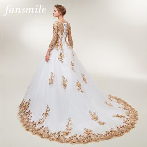 Fansmile långärmad gyllene spets vestido de noiva bröllopsklänningar tränar skräddarsydd plus storlek brud bröllopsklänningar FSM-404T