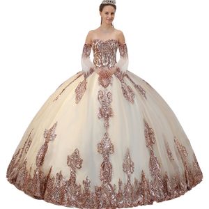 Radiant Sweetheart Metallic Sequin Application Quinceanera Klänning Rose Guld Avtagbara Ärmar Formell Ball Gown Little Train