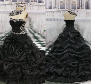 Vintage Czarne Suknie Ślubne Organza Ruffles Usuń Wysoki Dekolt Kryształy Zroszony Plisowane Syrenka Sukienka ślubna Formalna Dress Party Długo