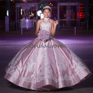 Beautiful Pink Sweet 16 Dresses Sexy Halter Lace Appliques Ball Gown Prom Dress Floor Length Satin Sweet 16 Party Gowns Quinceanera Dresses