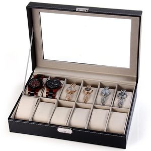 Смотреть коробки Чехлы Элегантная коробка Ювелирные Изделия Держатель Держатель Организован, 12 Сетки PU Кожаный Дисплей Cajas Para Relojes