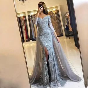 South African Silver Mermaid Evening Dresses With Detachable overskirt Long Sleeve Lace Appliques Formal Evening Gowns Side Split Prom Dress