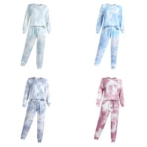 Tie-dye Moda Imprimir Mulheres Pijamas Set Long Sleeve O-Neck Tops + Lace Up Elastic cintura Pants Pijamas Set Início Salão Roupa M2787