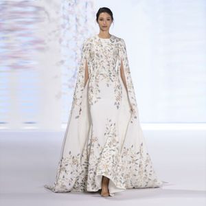 Bianco Robe De Soiree 2021 Dubai Elegante ricamo maniche lunghe abiti da sera Arabia Saudita sirena sweep treno abiti da ballo